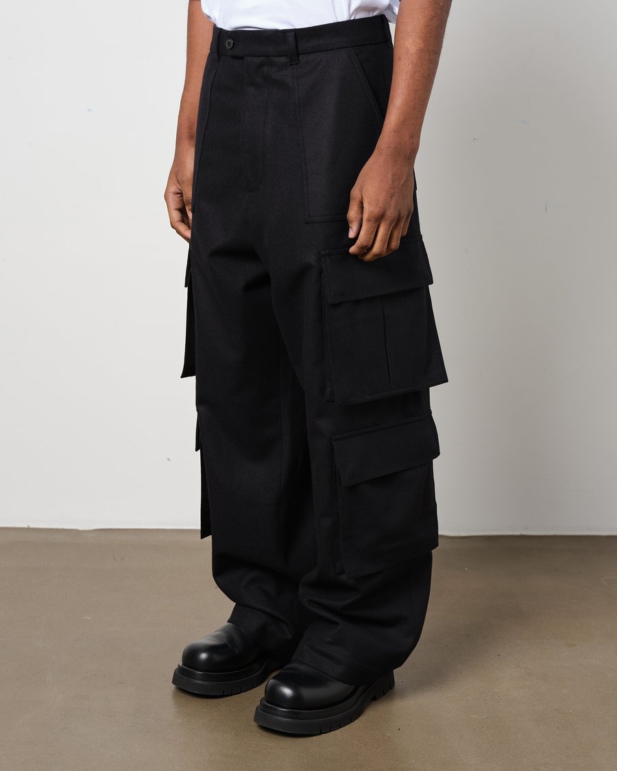 Image of Black Flannel Wool Wide Leg Cargo Pants