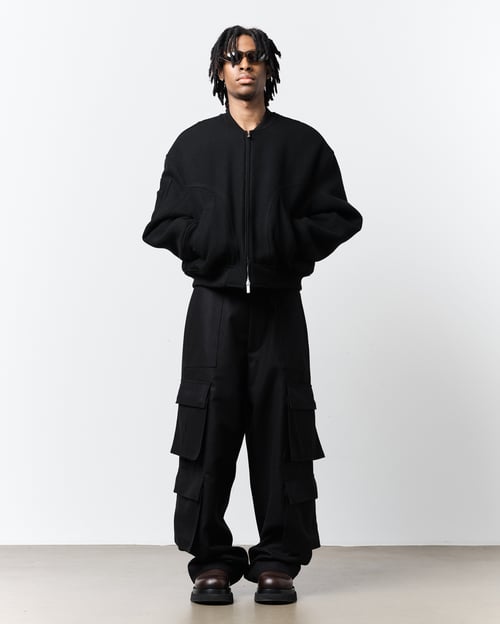 Image of Black Flannel Wool Wide Leg Cargo Pants