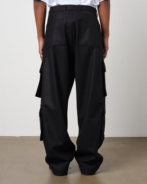 Image of Black Flannel Wool Wide Leg Cargo Pants