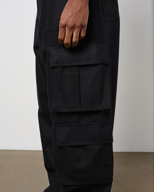 Image of Black Flannel Wool Wide Leg Cargo Pants