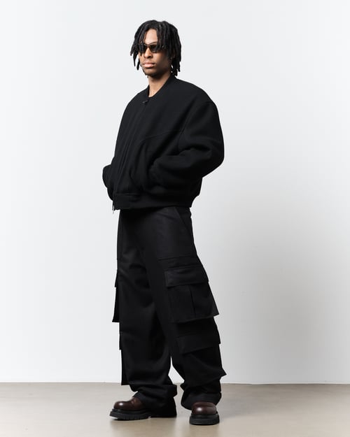 Image of Black Flannel Wool Wide Leg Cargo Pants