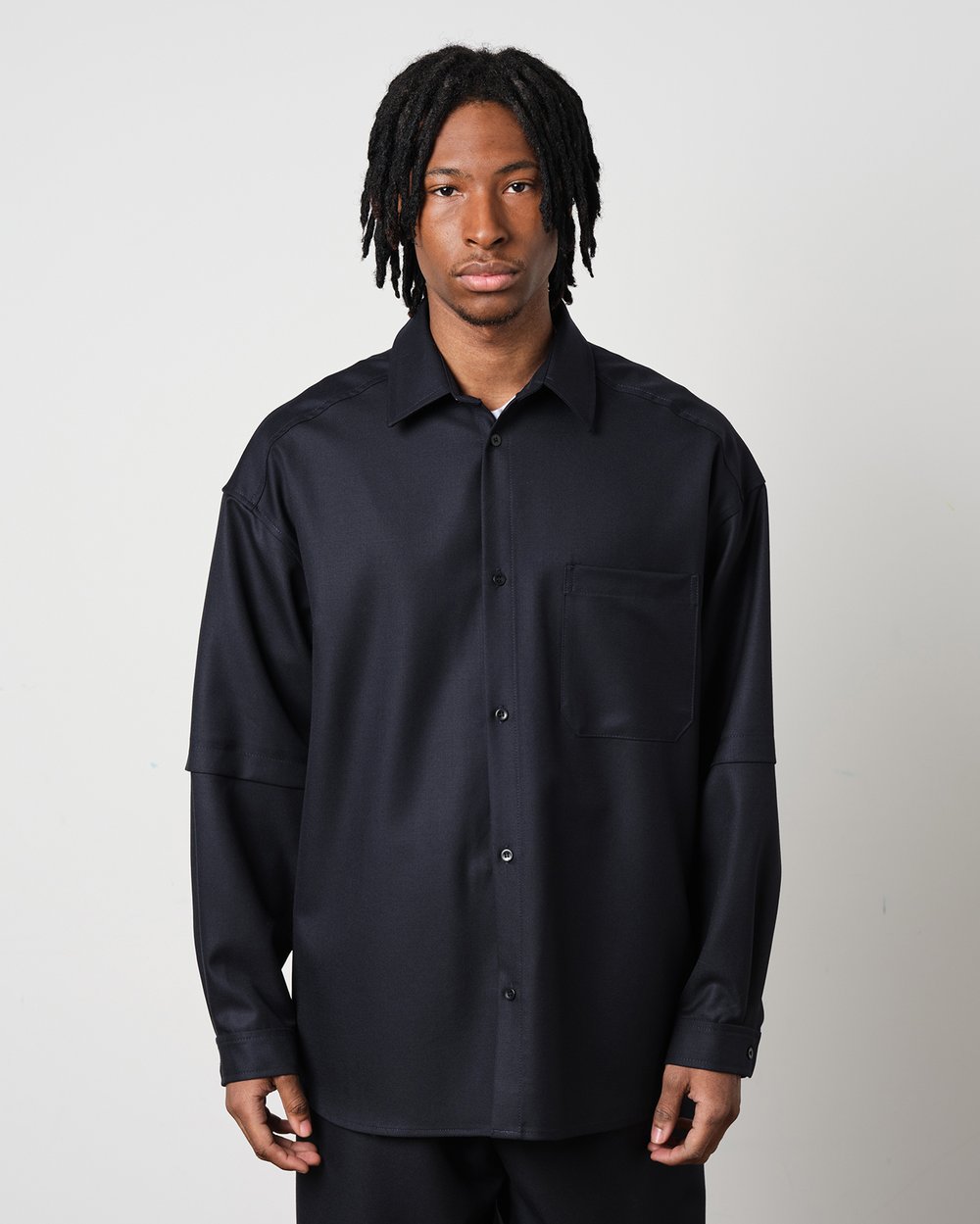 Image of Navy Wool Twill Layered Shirt