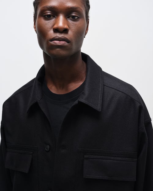 Image of Black Flannel Wool Paneled Jacket