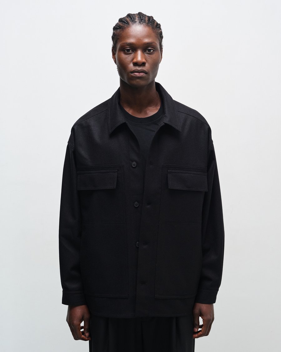 Image of Black Flannel Wool Paneled Jacket