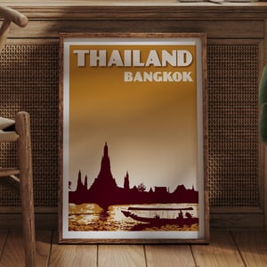 Image of Vintage poster Thailand - Bangkok - Wat Arun Mustard color - Fine Art Print