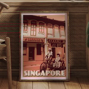 Image of Vintage Poster Singapore - Telok Ayer Trishaw ride - Fine Art Print