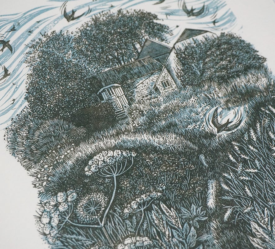 Image of 'House martins over the meadow' - Linocut