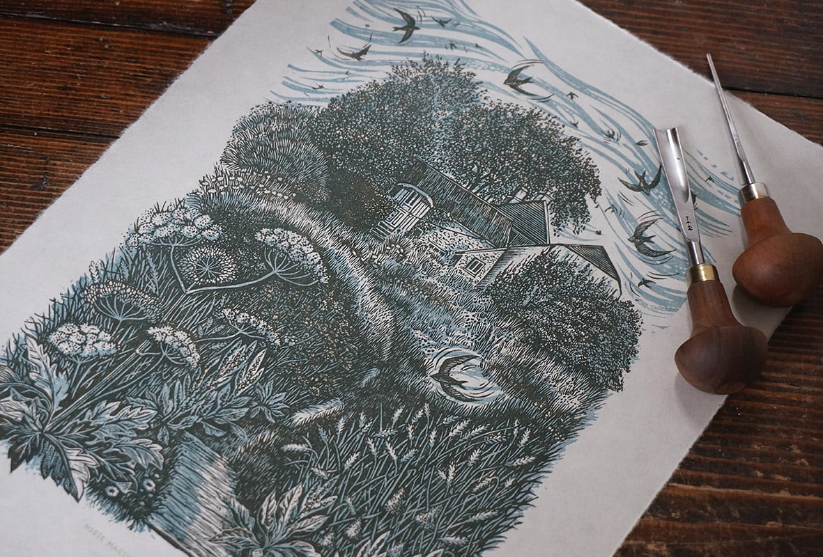 Image of 'House martins over the meadow' - Linocut