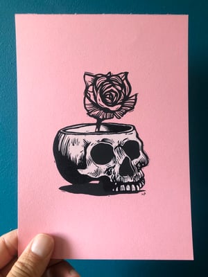 'We Will Grow Flowers in Your Skull' colour linocut print