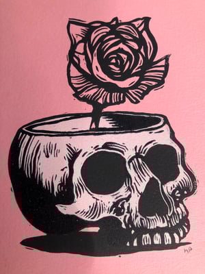 'We Will Grow Flowers in Your Skull' colour linocut print