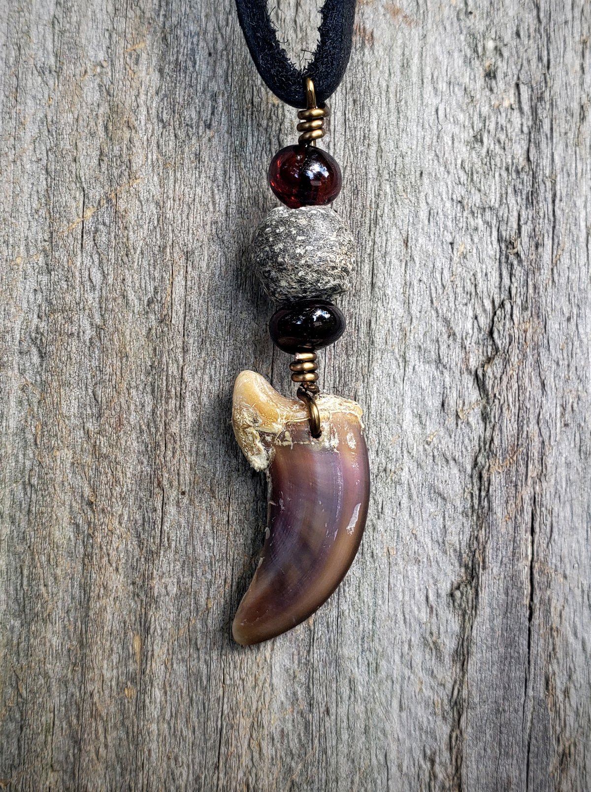 Image of Wolf Claw Necklace with Amber and Fossil Beads