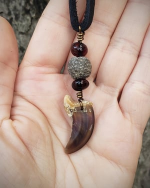 Image of Wolf Claw Necklace with Amber and Fossil Beads