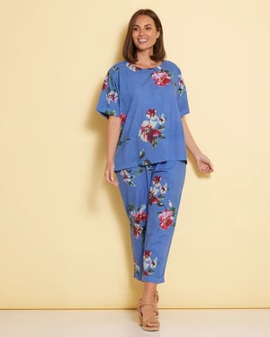 Image of Floral Cotton Pants - blue