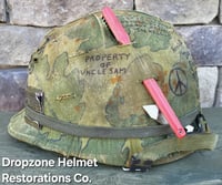 Image 9 of Vietnam M-1 Helmet & 1966 Liner Mitchell Camo Cover. 1967 Sweatband. LBJ's Hired Gun's. 