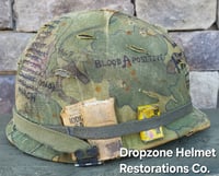 Image 7 of Vietnam M-1 Helmet & 1966 Liner Mitchell Camo Cover. 1967 Sweatband. LBJ's Hired Gun's. 