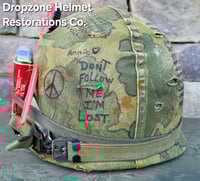 Image 6 of Vietnam M-1 Helmet & 1966 Liner Mitchell Camo Cover. 1967 Sweatband. LBJ's Hired Gun's. 