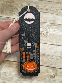 Image 1 of Halloween Skull & Graveyard Bookmark – Spooky Night Design 💀🌕🎃