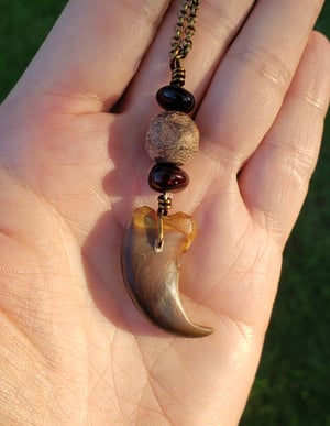 Image of Bear Claw Necklace with Amber and Fossil Beads