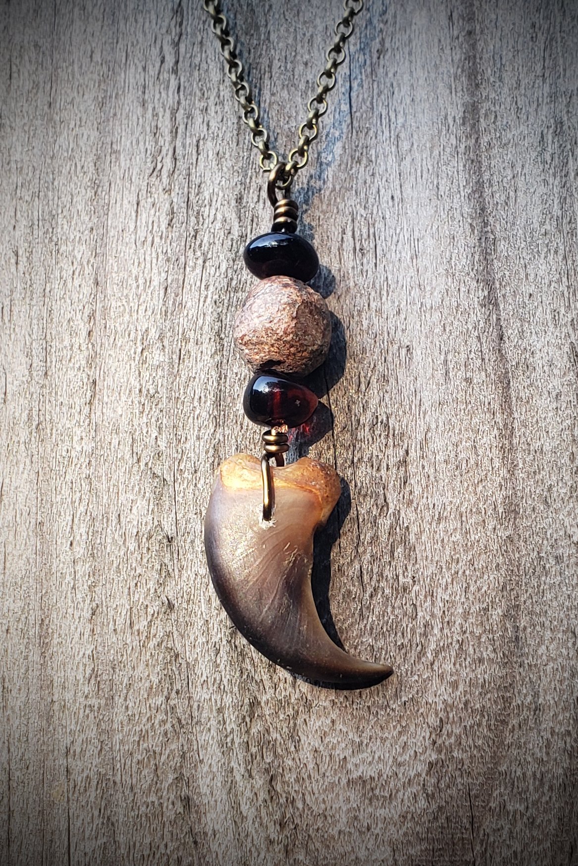 Image of Bear Claw Necklace with Amber and Fossil Beads