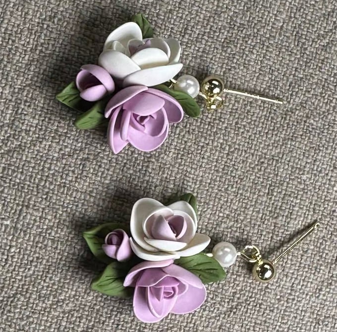 Image of Purple Rose Polymer Clay Earrings
