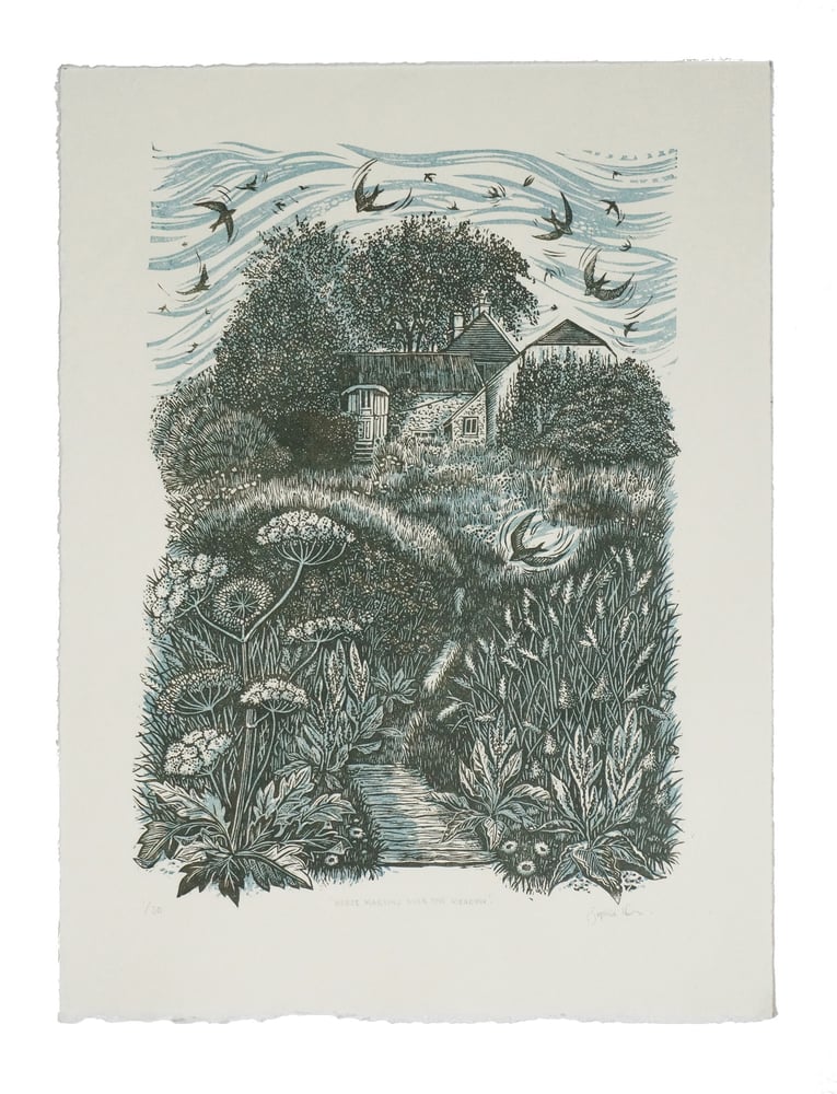 Image of 'House martins over the meadow' - Linocut