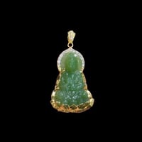 Image 1 of 10K Strong Green Jade Diamond Kuan Yin Pendant 