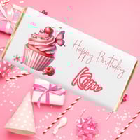 Image 1 of 100g Personalised Milk Chocolate Bar & Matching Birthday Card -  Pink Cupcake