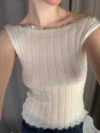 Image 10 of Mohair white boat neck top with Pearl buttons