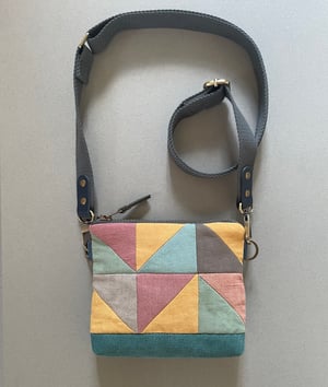 Image of Meadowsweet triangle, mini patchwork shoulder bag with plant-dyed panels and crossbody strap