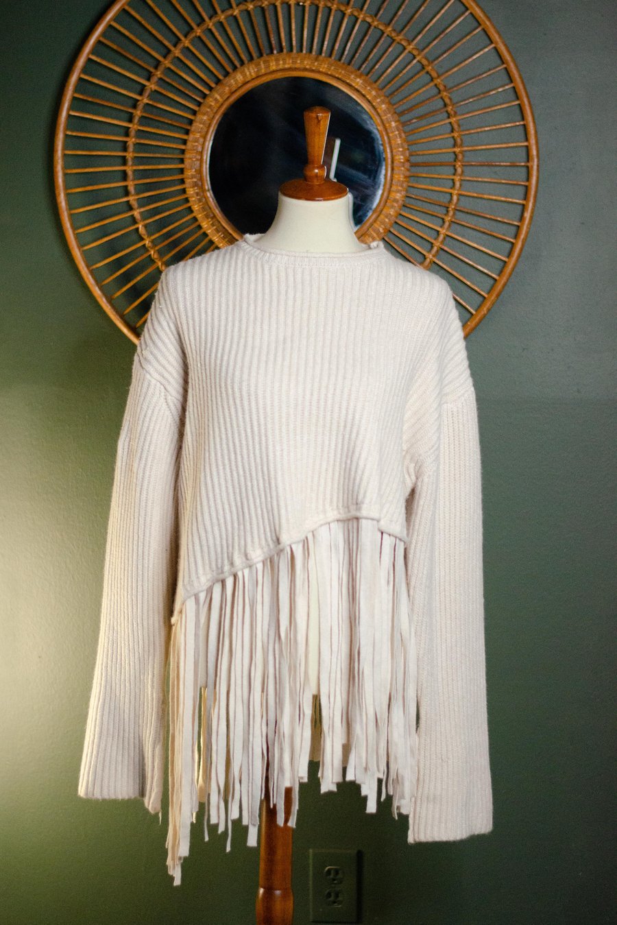 Image of Modern Miyara Cream Asymmetrical Fringe Sweater
