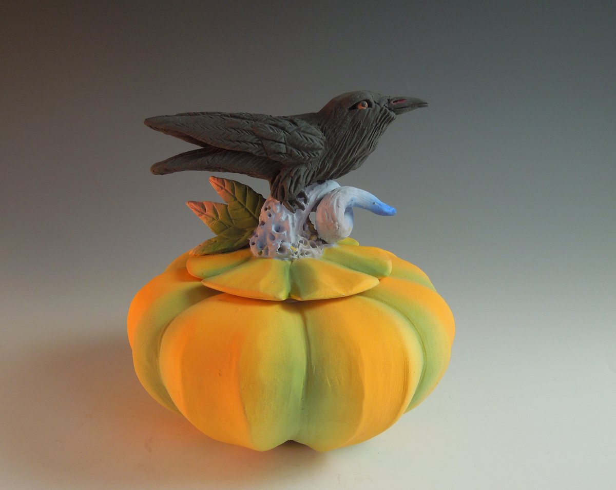 Raven on Golden Pumpkin | Nancy Yturriaga Adams Clay Artist