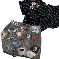 Image 9 of Women's black denim mini skirt, Reworked festival w- studs, patches, pins, chains etc 