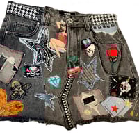 Image 2 of Women's black denim mini skirt, Reworked festival w- studs, patches, pins, chains etc 