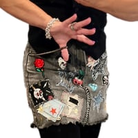Image 4 of Women's black denim mini skirt, Reworked festival w- studs, patches, pins, chains etc 