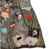 Image 6 of Women's black denim mini skirt, Reworked festival w- studs, patches, pins, chains etc 