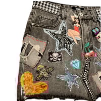 Image 5 of Women's black denim mini skirt, Reworked festival w- studs, patches, pins, chains etc 
