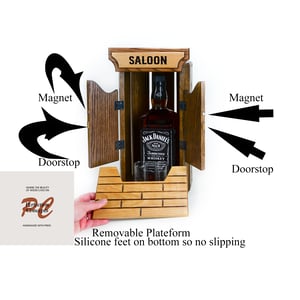 Image of Oak Whiskey Bourbon Caddy for countertop, with two glass shot glasses, Whiskey Lover, Unique Gift