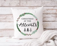 Personalised Christmas at the (Surname) Cushion – Hand Lettered Festive Wreath Design