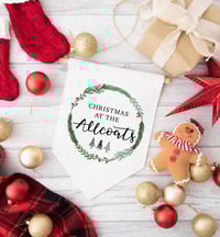 Personalised Christmas at the (Surname) Banner – Hand Lettered Festive Wreath Design