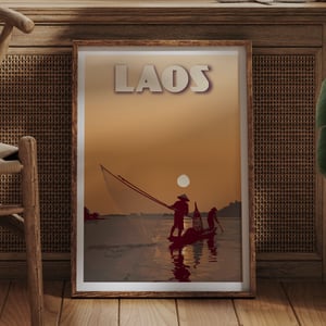 Image of Vintage Laos Poster – Fisherman on Mekong River with Carrelet Net