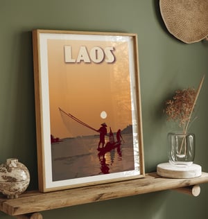 Image of Vintage Laos Poster – Fisherman on Mekong River with Carrelet Net