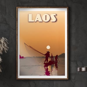 Image of Vintage Laos Poster – Fisherman on Mekong River with Carrelet Net