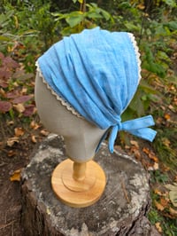Image 1 of Lace Trimmed Linen Covering in Azure Crosshatch