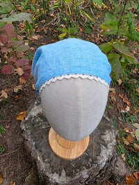 Image 4 of Lace Trimmed Linen Covering in Azure Crosshatch