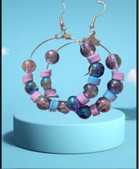 Image 1 of Handmade Light Blue & Lilac Polymer Clay Bead Earrings | Silver Hoop Earrings with Acrylic Accents |