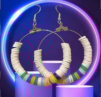 Image 1 of Rainbow Bead Hoop Earrings – White Polymer Beads on Silver Rings | Colorful Handmade Dangle 