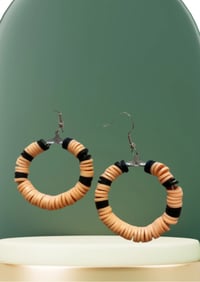 Image 1 of Handmade Black Polymer Clay Bead Earrings on Silver Hoops | Tan Skin-Tone Minimalist Dangle Earrings