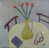 Yellow Jug of Flowers on Table, 2025. Oil on linen. 16 x 16 inches. Unframed.