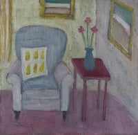 Blue Chair with Red Table, 2025. Oil on linen. 12 x 12 inches. Unframed.