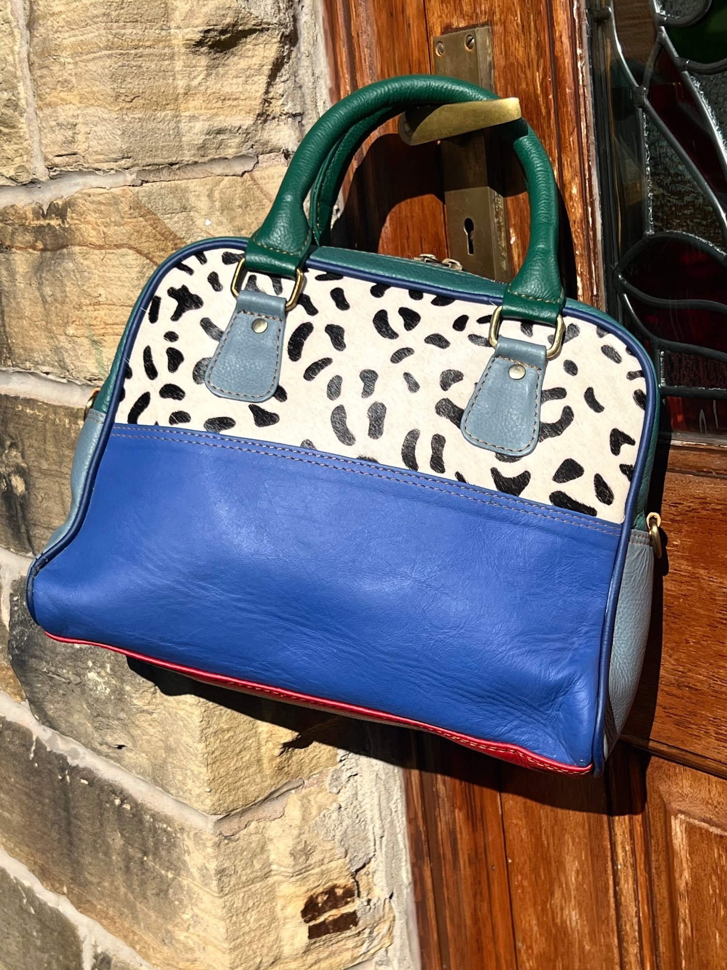 Image of Harlequin Collection - Multi-coloured Recycled Leather Barrel Bag #28A